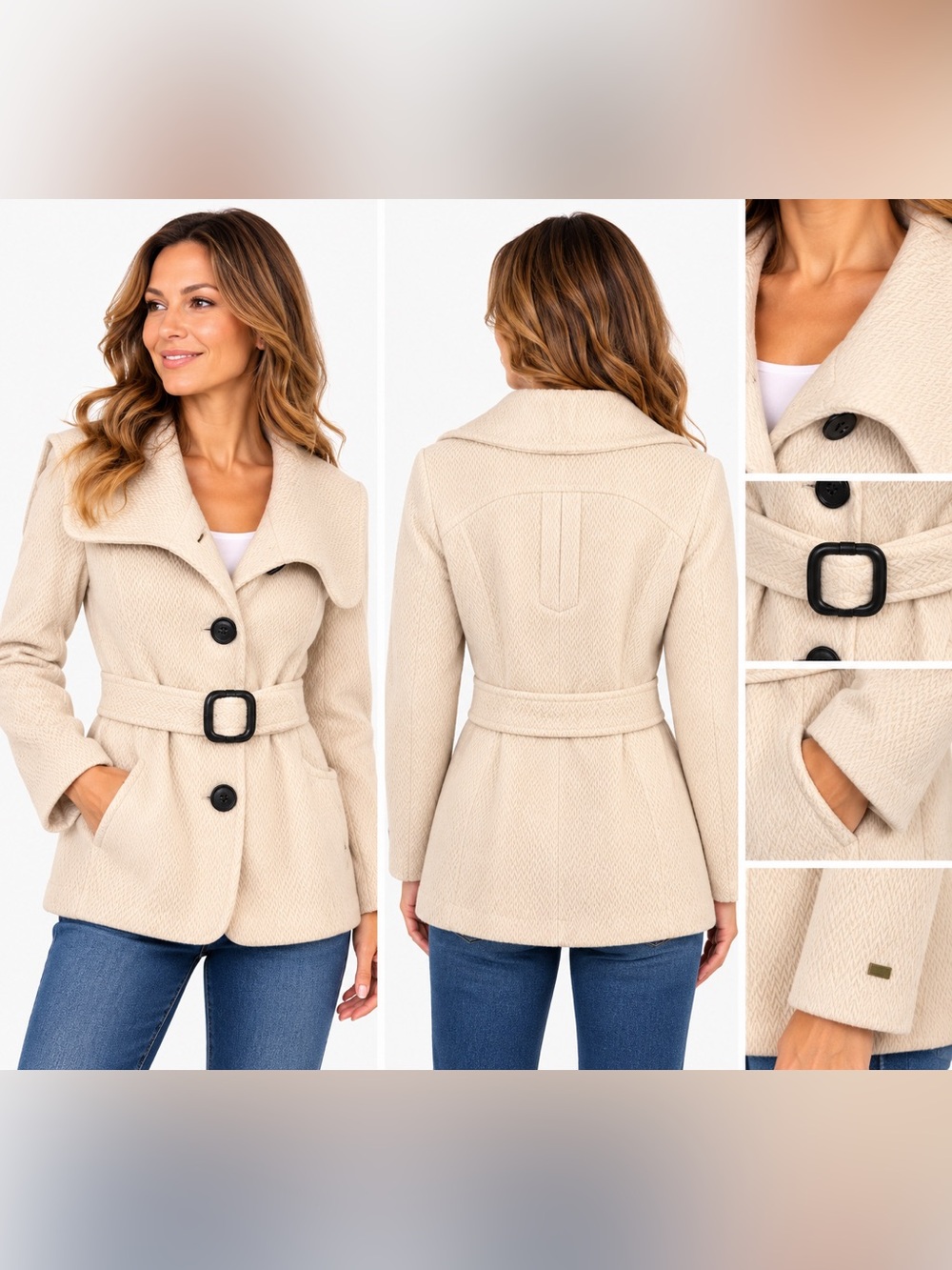Soia & Kyo Cream Wool Blend Belted Coat Size L Made in Canada